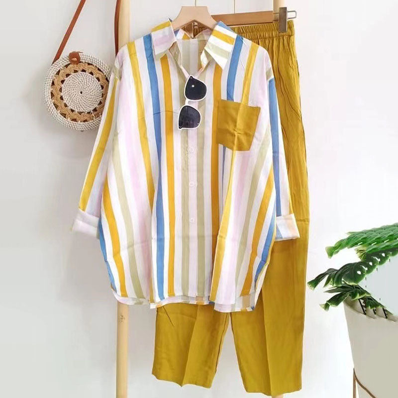 🔥【Купете 1, вземете 1】【50% ОТСТЪПКА】【S-5XL】 🌸Пролетен раиран ежедневен костюм от две части