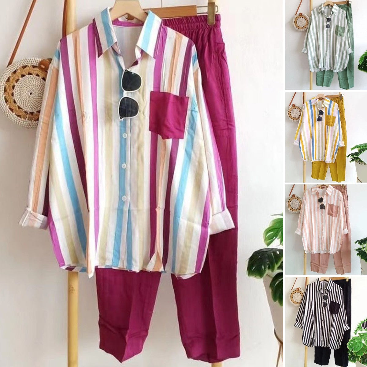 🔥【Купете 1, вземете 1】【50% ОТСТЪПКА】【S-5XL】 🌸Пролетен раиран ежедневен костюм от две части