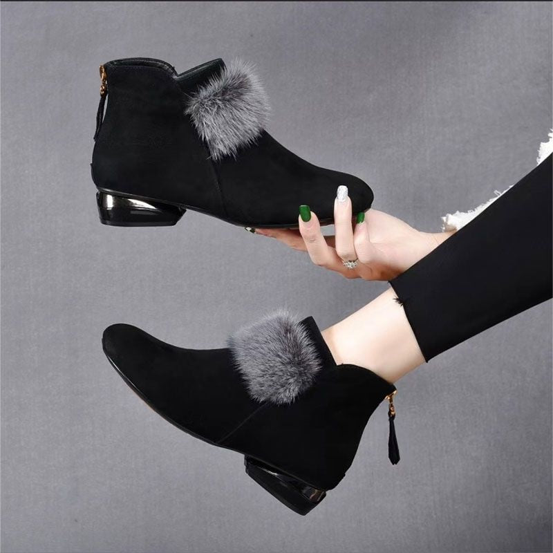 😍😍【35-41】 Меки кожени ботуши със среден ток с кръгли пръсти