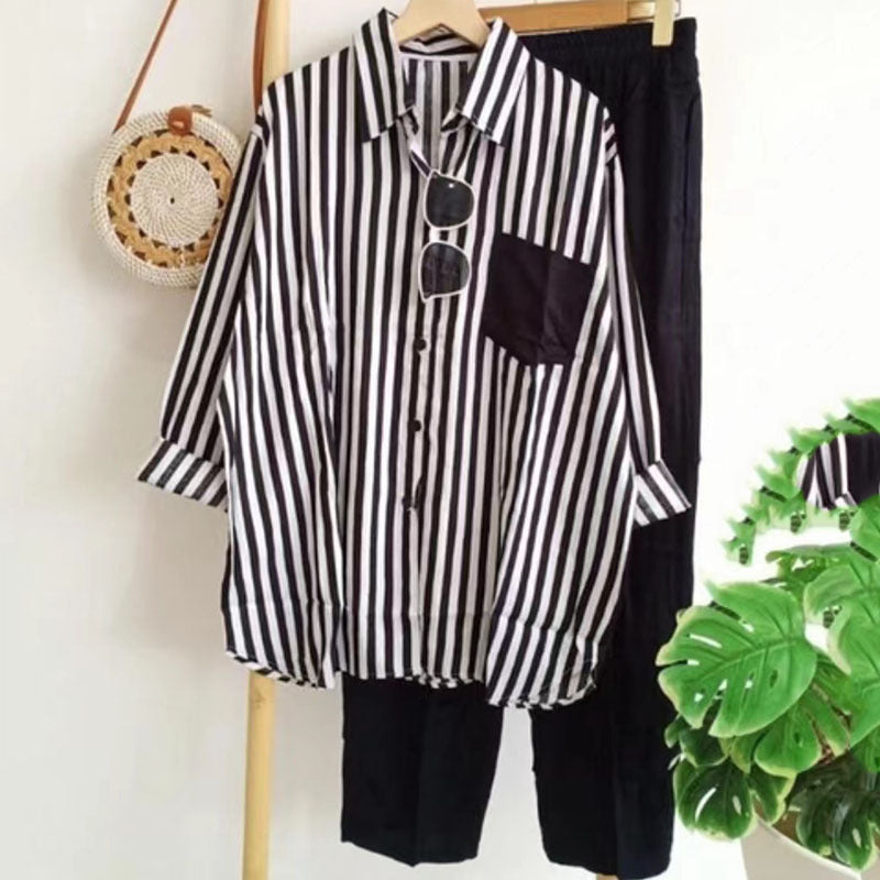 🔥【Купете 1, вземете 1】【50% ОТСТЪПКА】【S-5XL】 🌸Пролетен раиран ежедневен костюм от две части