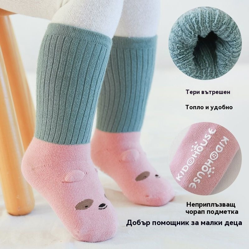 🧦👼Бебешки чорапи от памук, неплъзгащи се, с дълга тръбичка, изработени от удебелен хавлиен плат, за есен и зима