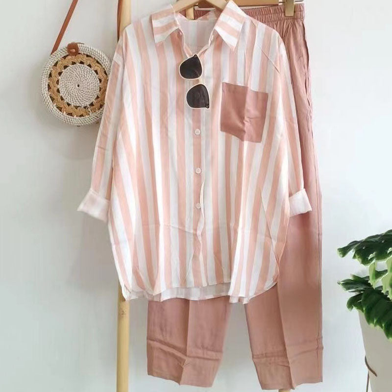 🔥【Купете 1, вземете 1】【50% ОТСТЪПКА】【S-5XL】 🌸Пролетен раиран ежедневен костюм от две части