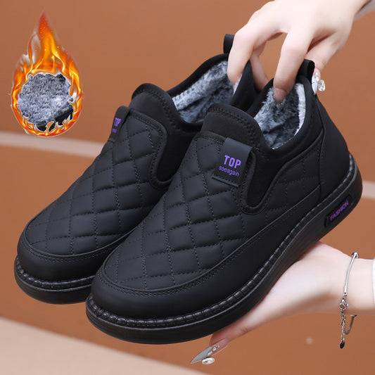 👢【36-41】Нови зимни обувки 2025, водоустойчиви, от памучна кожа и удебелен кадифе, топли, равни, неплъзгащи се дамски ботуши