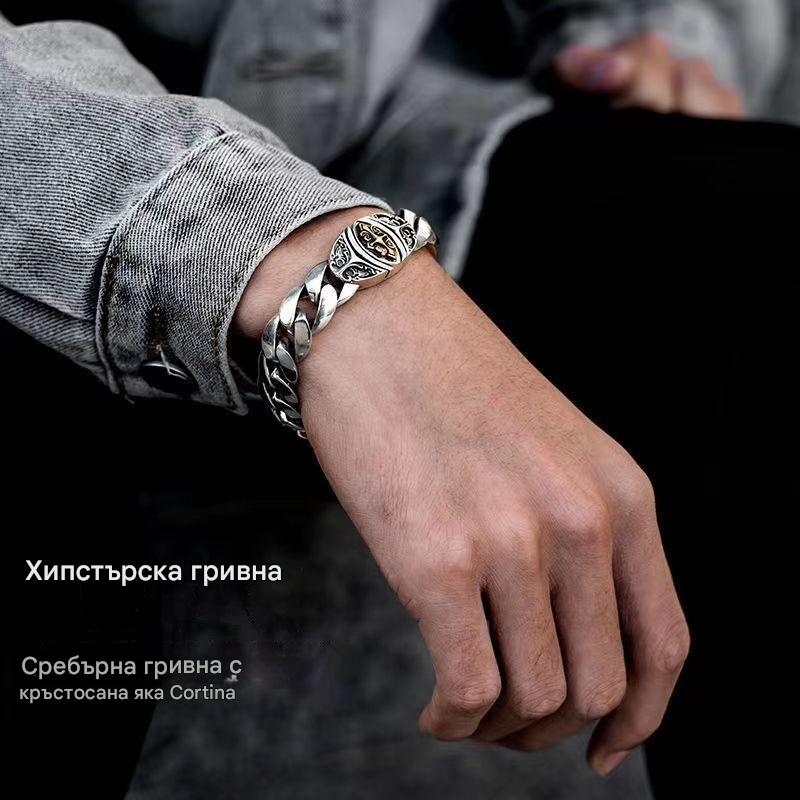 😍✨【Изработена от стерлингово сребро】🔥Винтидж мъжка гривна с мотив за късмет, градски пънк стил, ръчно изработена, уникален външен вид