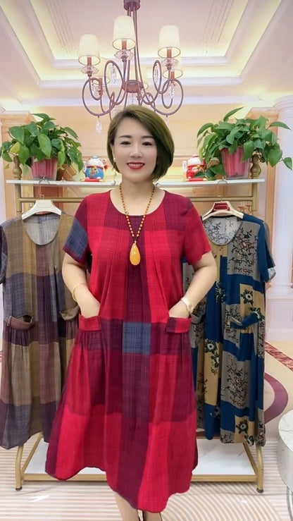 👗❤️【50-100 кг】2025 Карирана пътна рокля, модна ежедневна удобна рокля за майка