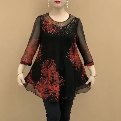 【M-4XL】Дамска модна шифонена риза с бродирани цветя за 2025 г.