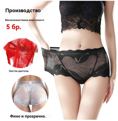 1 комплект/4 бр. Дамски бикини със средна талия, секси повдигащи бедрата, дишаща дантела от чист памук