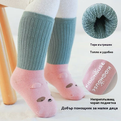 🧦👼Бебешки чорапи от памук, неплъзгащи се, с дълга тръбичка, изработени от удебелен хавлиен плат, за есен и зима