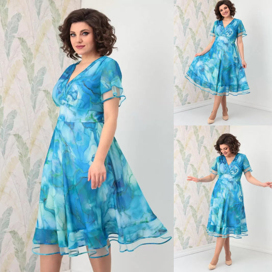 💥🔥Гореща разпродажба💕【S-5XL】👗Елегантна рокля с щампа и волани